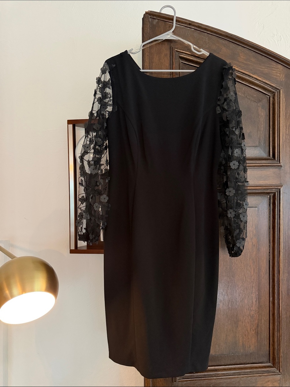 connected apparel Black Sheath Dress with Floral Lace Sleeves